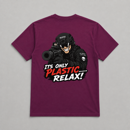 It's Only Plastic Relax! Dead Rag Airsoft T Shirt Maroon