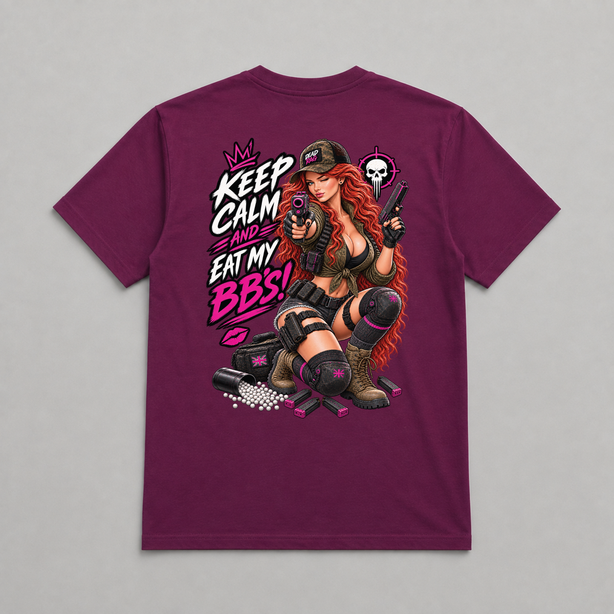 Keep Calm and Eat my BB's Dead Rag Airsoft T Shirt Maroon