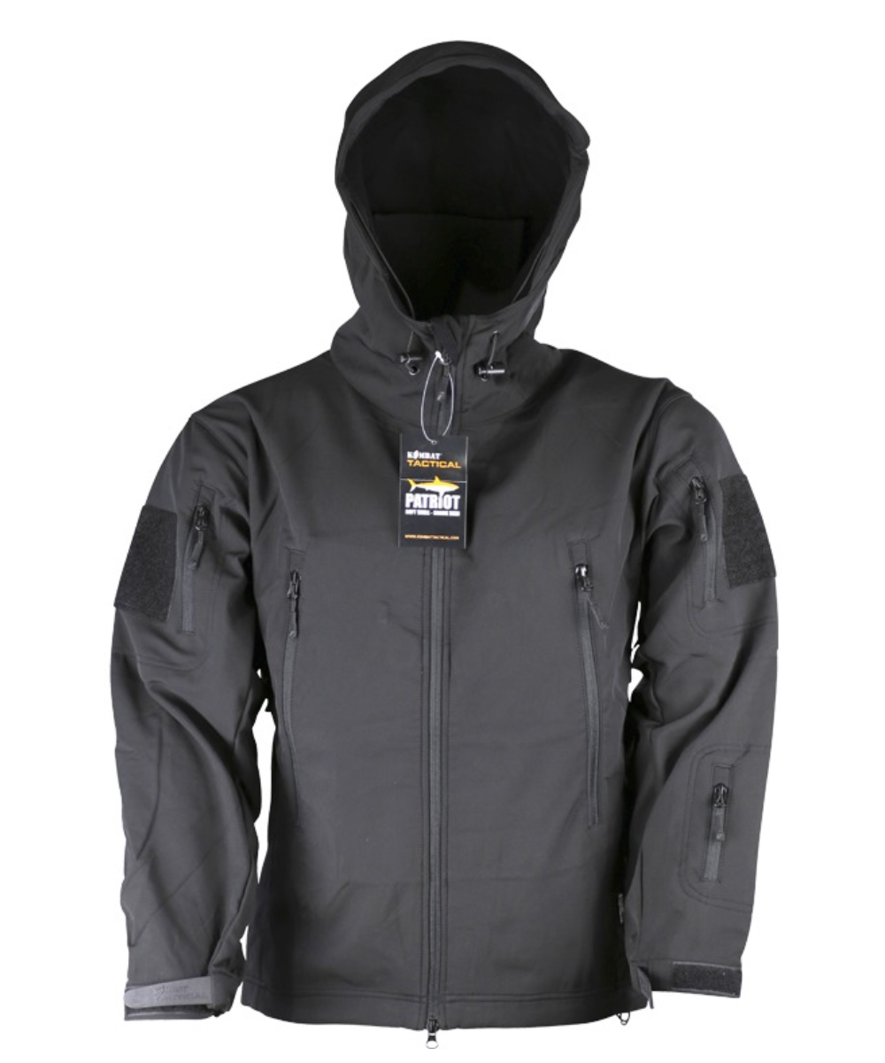 PATRIOTTacticalSoftShellJacket_BlackfrontViewhoodup