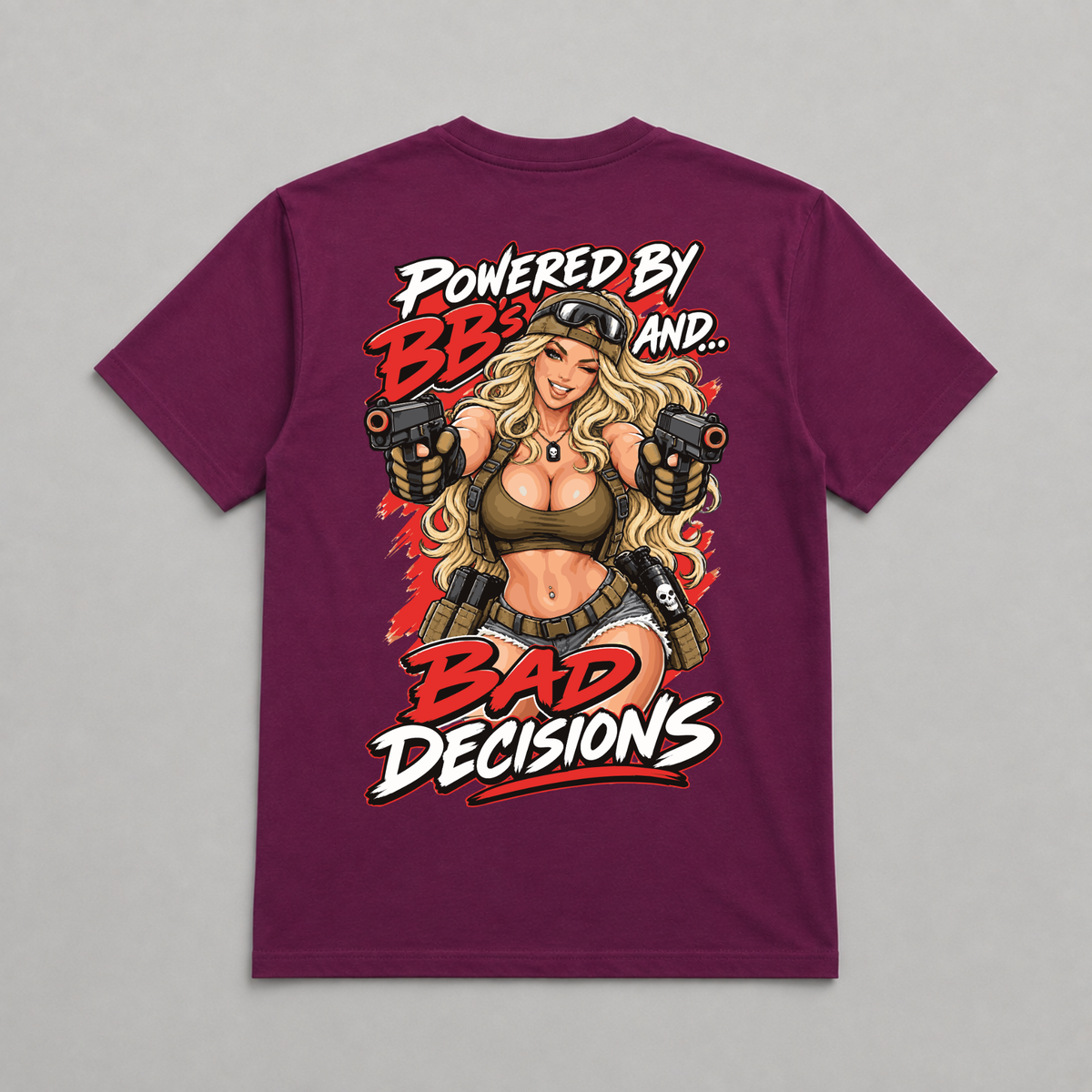Powered by BB's and Bad Decisions Dead Rag Airsoft T Shirt Maroon
